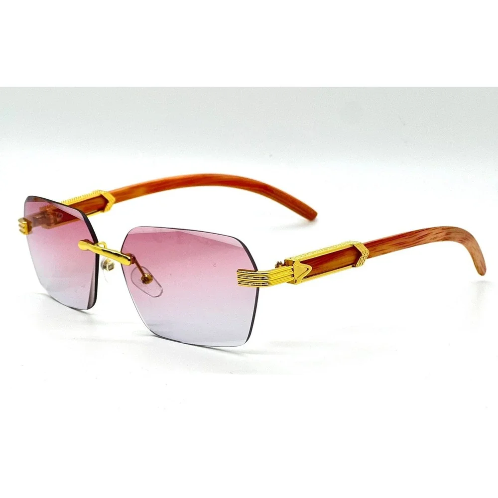 Rimless Sunglasses Men Fashion Shades Wood Grain Arm Pink Lens Retro Lentes 2026